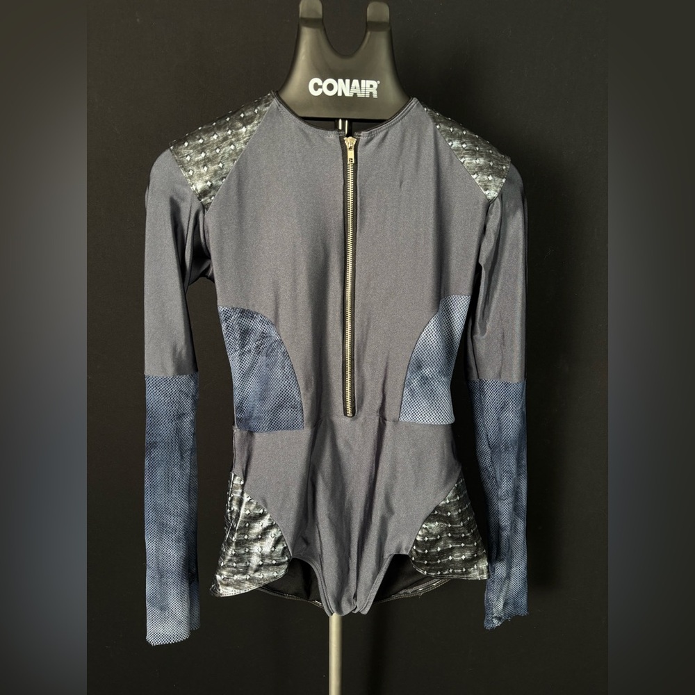 Blue And Grey Long-Sleeve Hooded Bodysuit